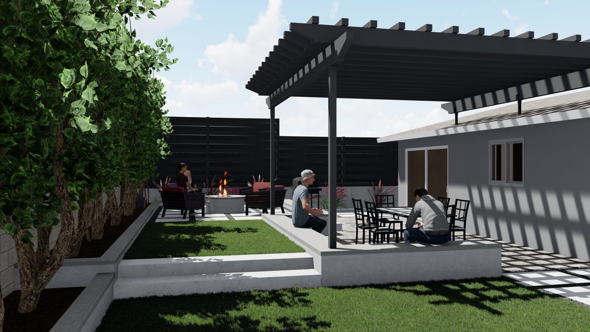 Modern backyard patio with pergola, seating area, and greenery.