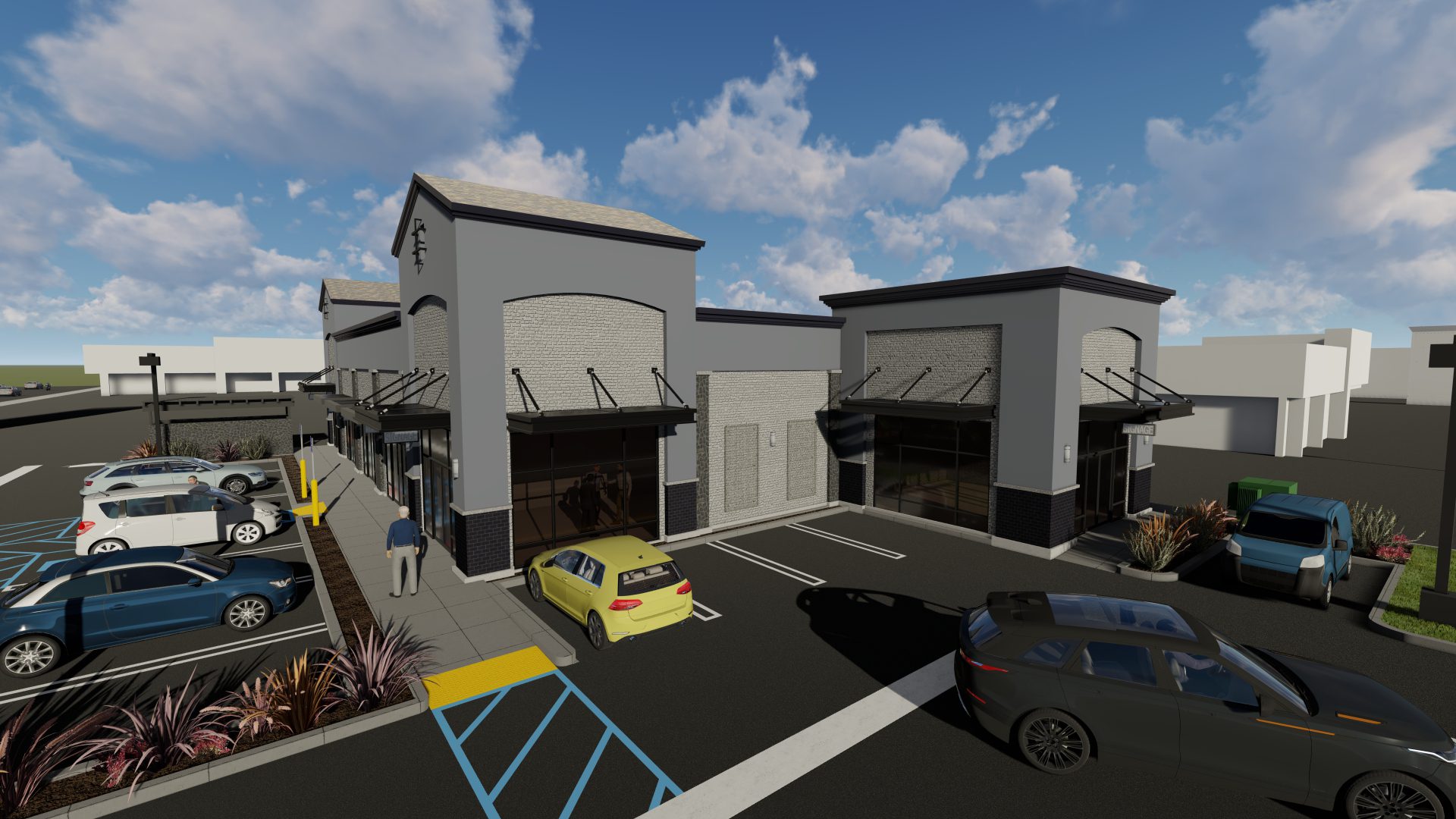 3d rendering of a modern commercial building exterior with parking lot.